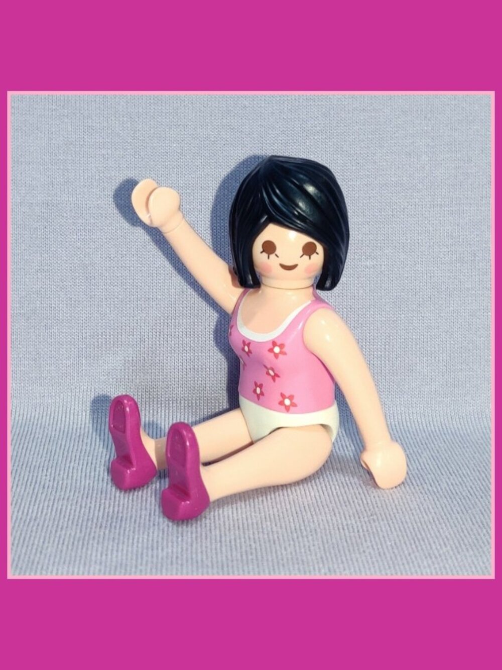 Playmobil Figure - 2013 - Woman/Mom - Black Hair - Pink Floral Tank White Undies